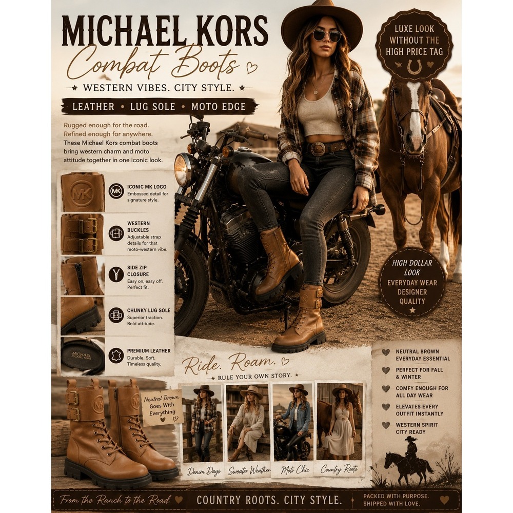 Michael Kors Brown Leather Combat Boots Lug Sole Moto Buckle Side Zip Women 7.5 - Picture 3 of 16